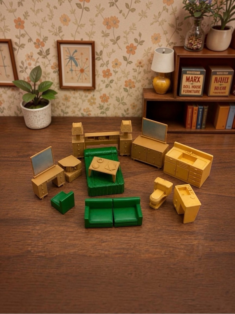 Vintage lot of 12 hard plastic dollhouse miniature furniture pieces by Marx Toys